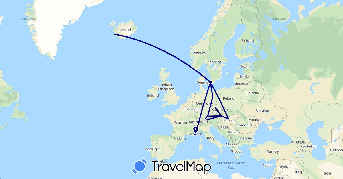 TravelMap itinerary: driving in Austria, Czech Republic, Germany, Denmark, France, Hungary, Iceland (Europe)